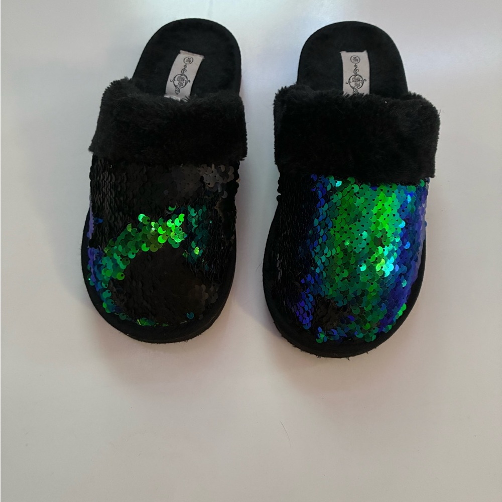 Black Sequin Slippers with Green and Blue Accents